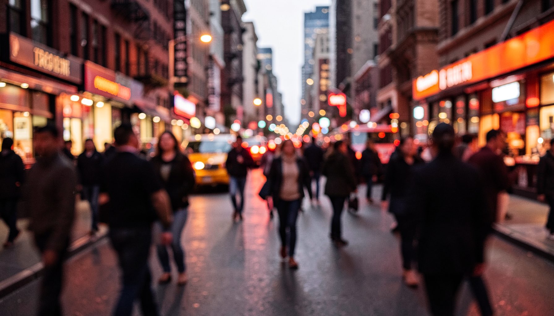 A busy city street scene at dusk in warm red and grey tones, with blurred figures and glowing lights suggesting motion and current events