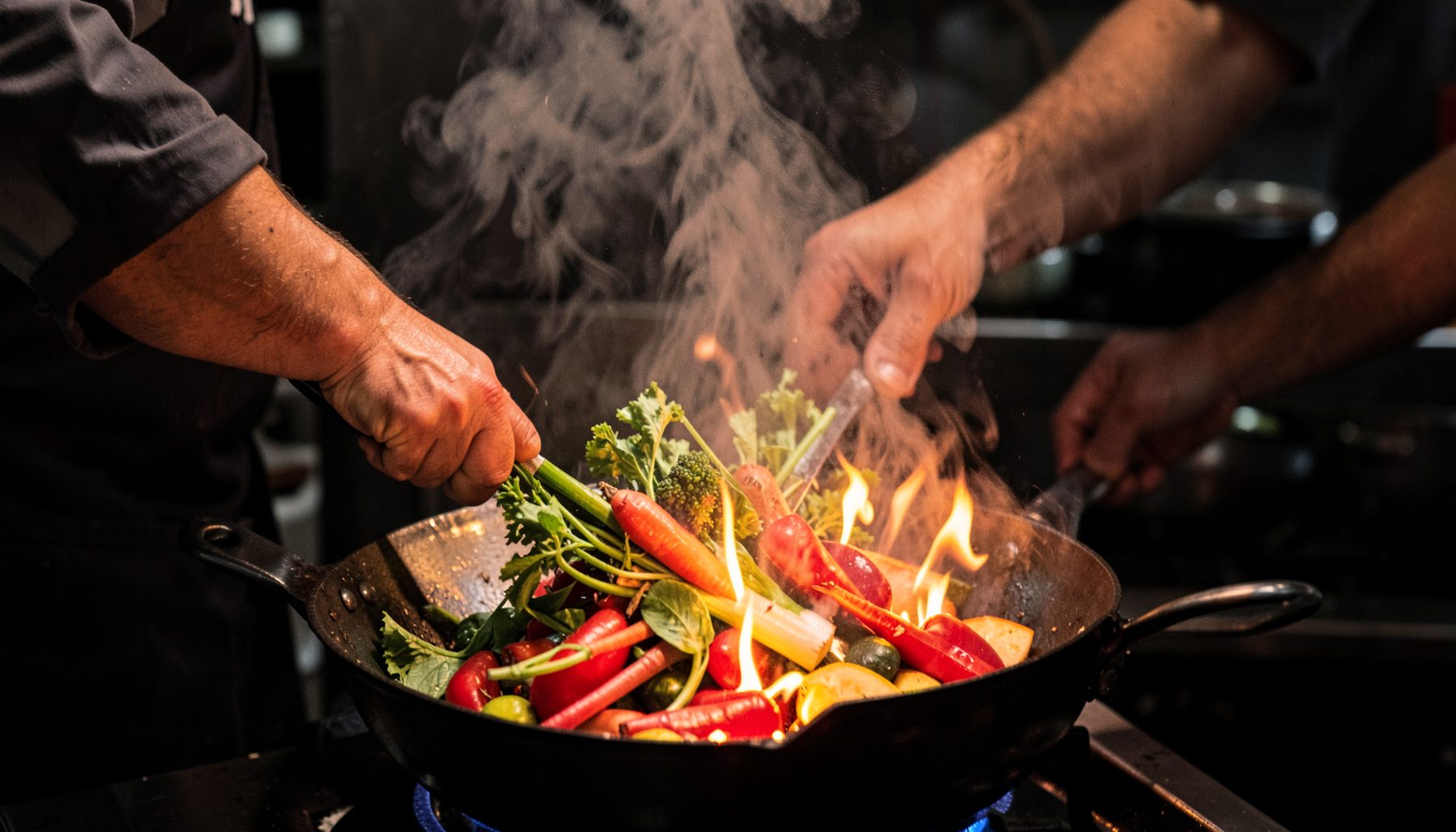 A chef's hands tossing fresh vegetables in a large wok over a high flame, steam rising against a dark kitchen backdrop — vibrant reds, greens, and fiery orange glow.