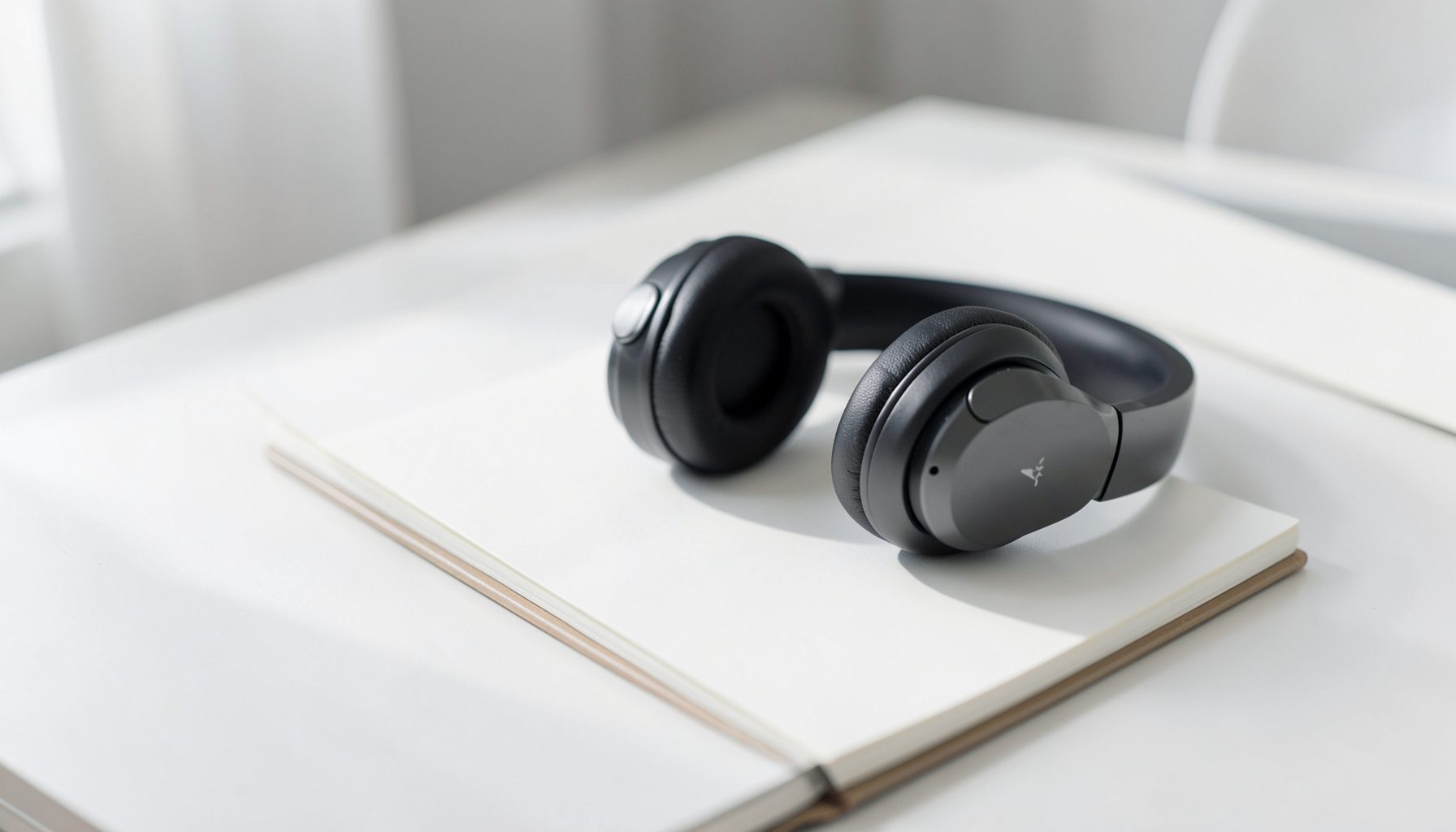 A clean, bright desk setup with a pair of over-ear headphones resting on a notebook, soft natural light, white and pale grey tones, calm and modern feel