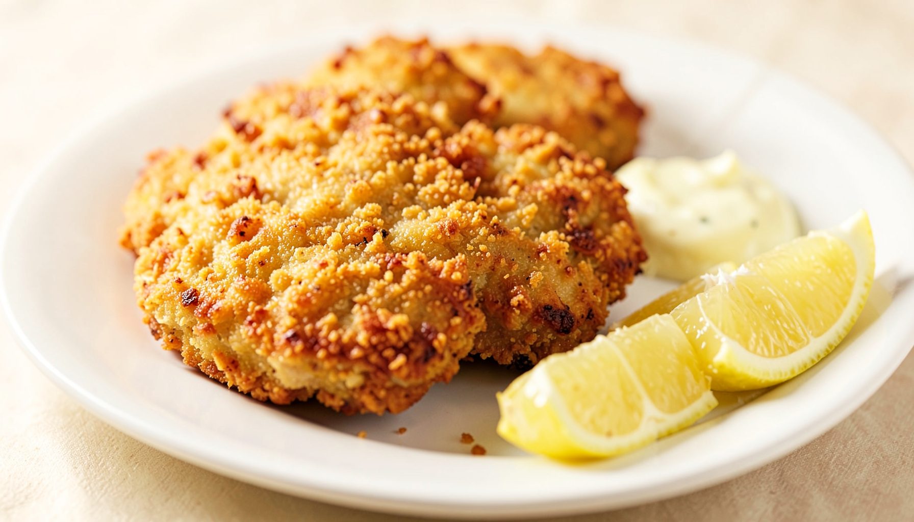 A close-up of golden-brown crab cakes on a white plate with a side of remoulade and fresh lemon wedges, shot in warm natural light — golden, creamy white, and pale yellow tones.
