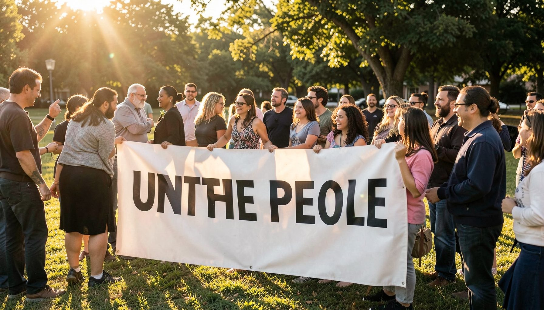 A community gathering outdoors with a banner reading 'Unite The People' in bold lettering, people of all ages connecting under golden afternoon sunlight
