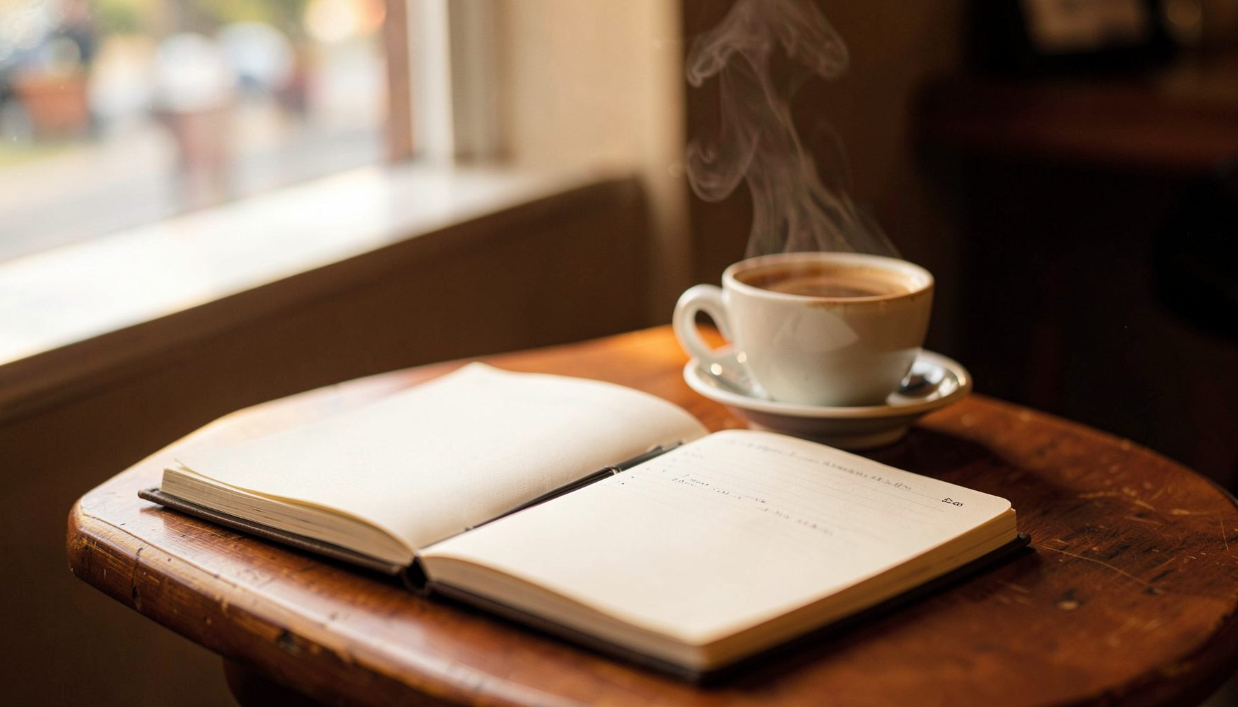 A cozy café table with an open notebook and a steaming cup of coffee, warm amber and cream tones, soft natural light filtering through a window