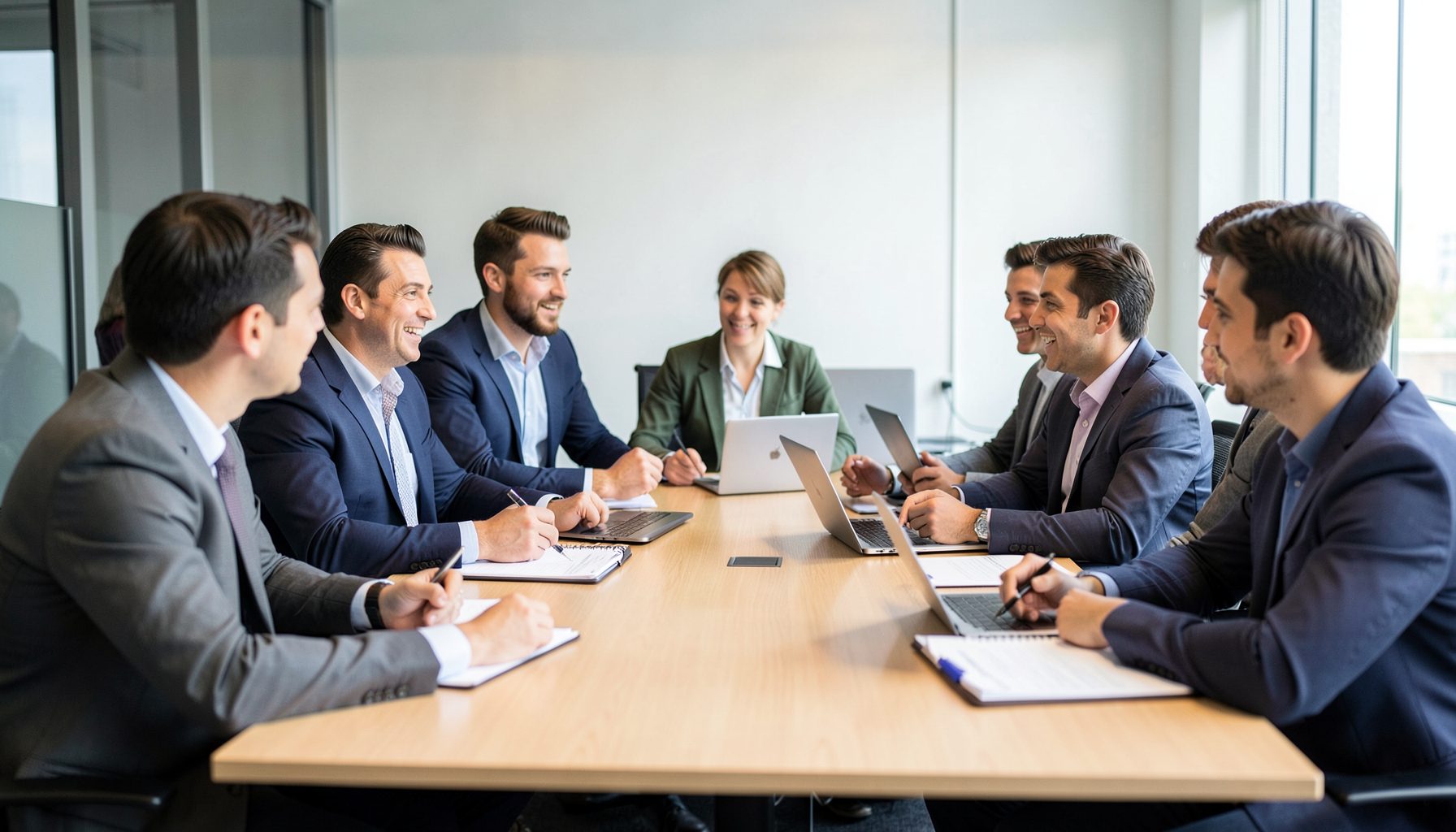 A diverse group of entrepreneurs seated around a conference table, engaged in animated discussion with notebooks and laptops open