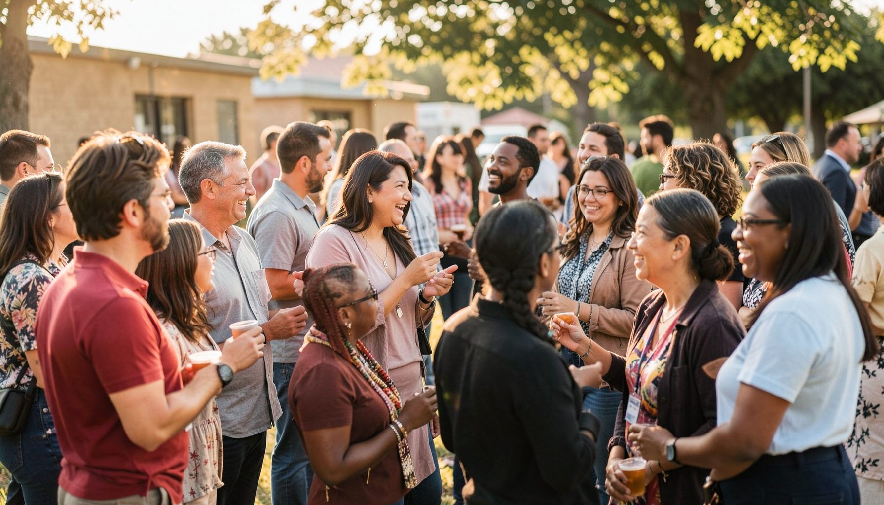 A diverse group of people gathered in animated conversation at a community event, warm natural tones with soft afternoon light