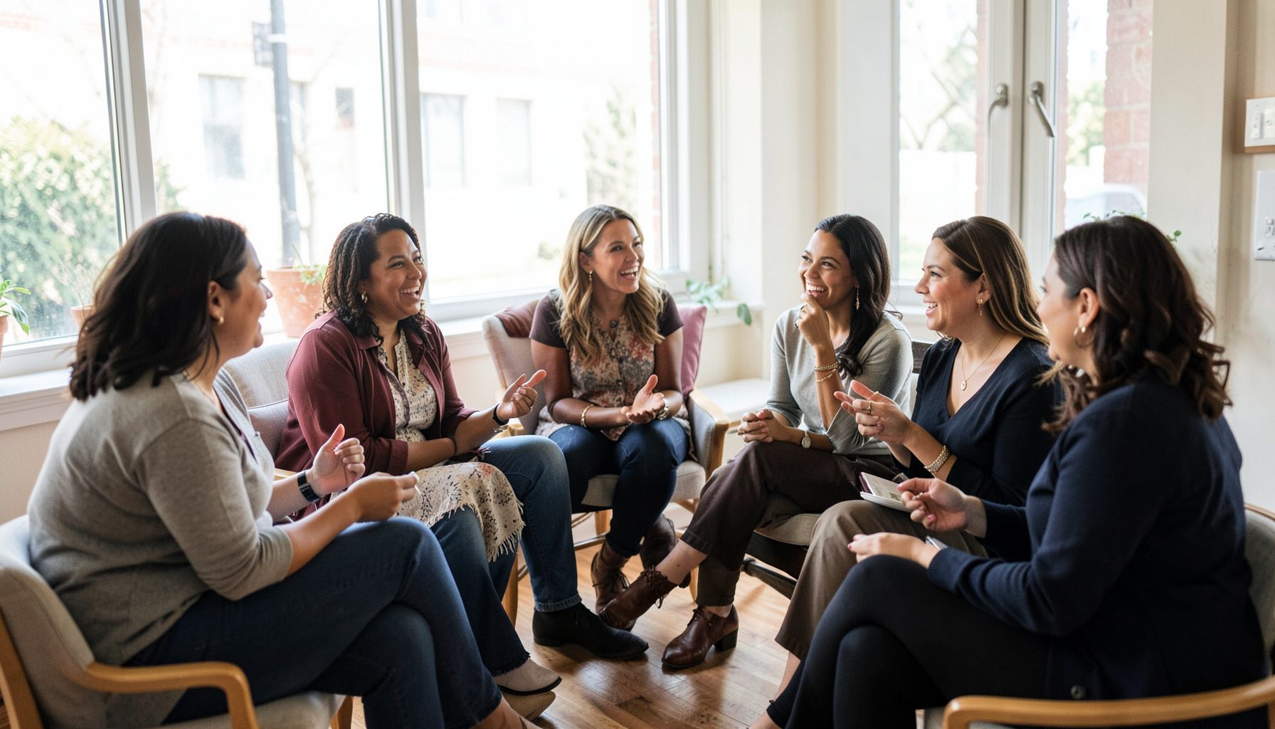 A diverse group of women seated in a circle, engaged in animated conversation, with soft natural light streaming through large windows.