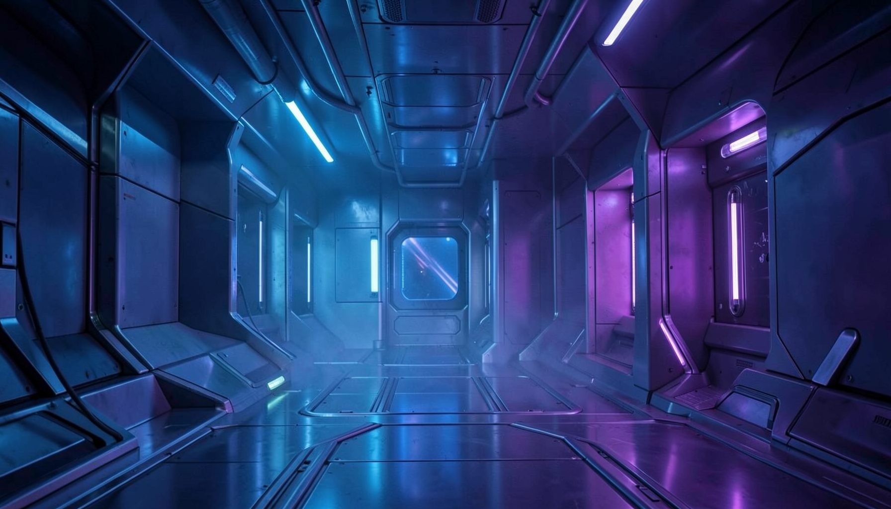 A futuristic sci-fi scene with cool blue and violet lighting, sleek metallic surfaces, and a sense of mystery