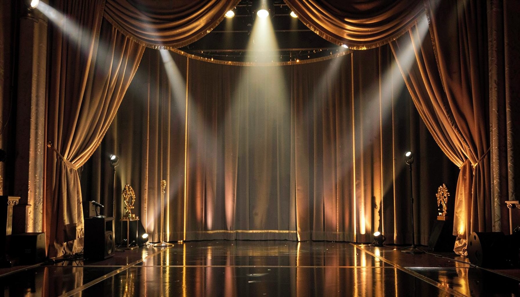 A glamorous awards-show atmosphere with gold accents, soft spotlight beams, and elegant drapery
