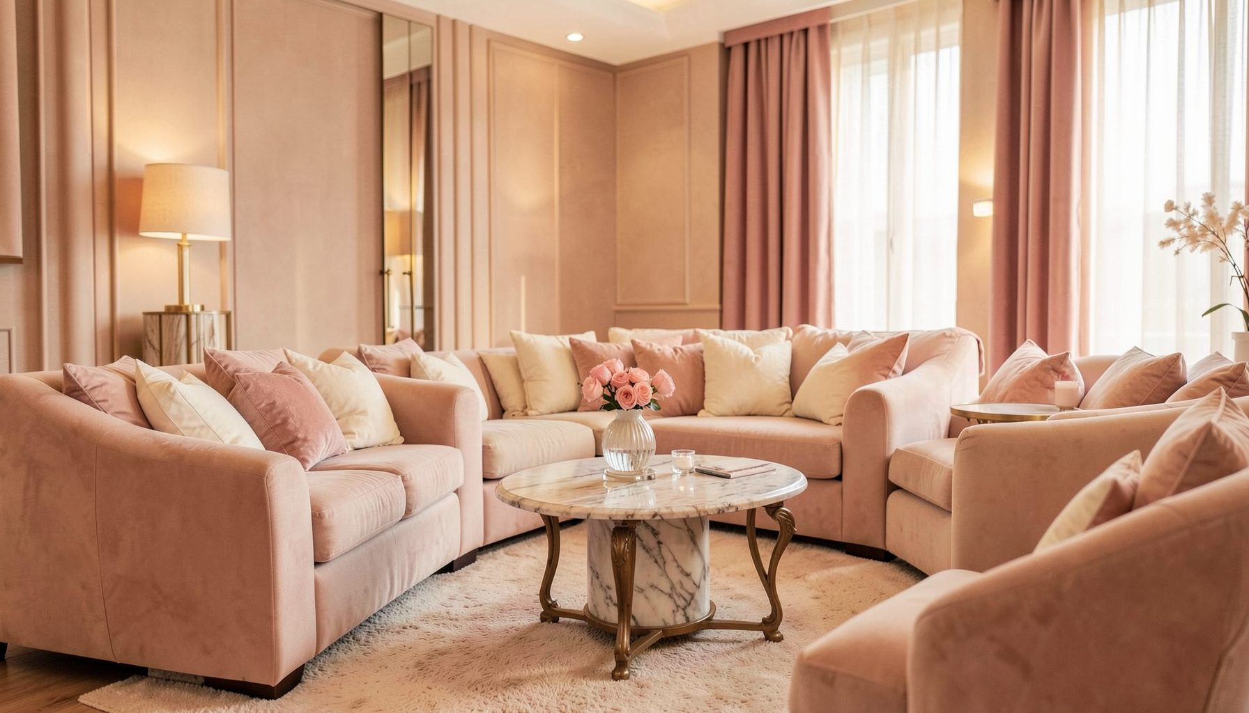 A softly lit lounge space with plush seating in warm blush and cream tones, an inviting and empowering atmosphere, feminine and elegant mood