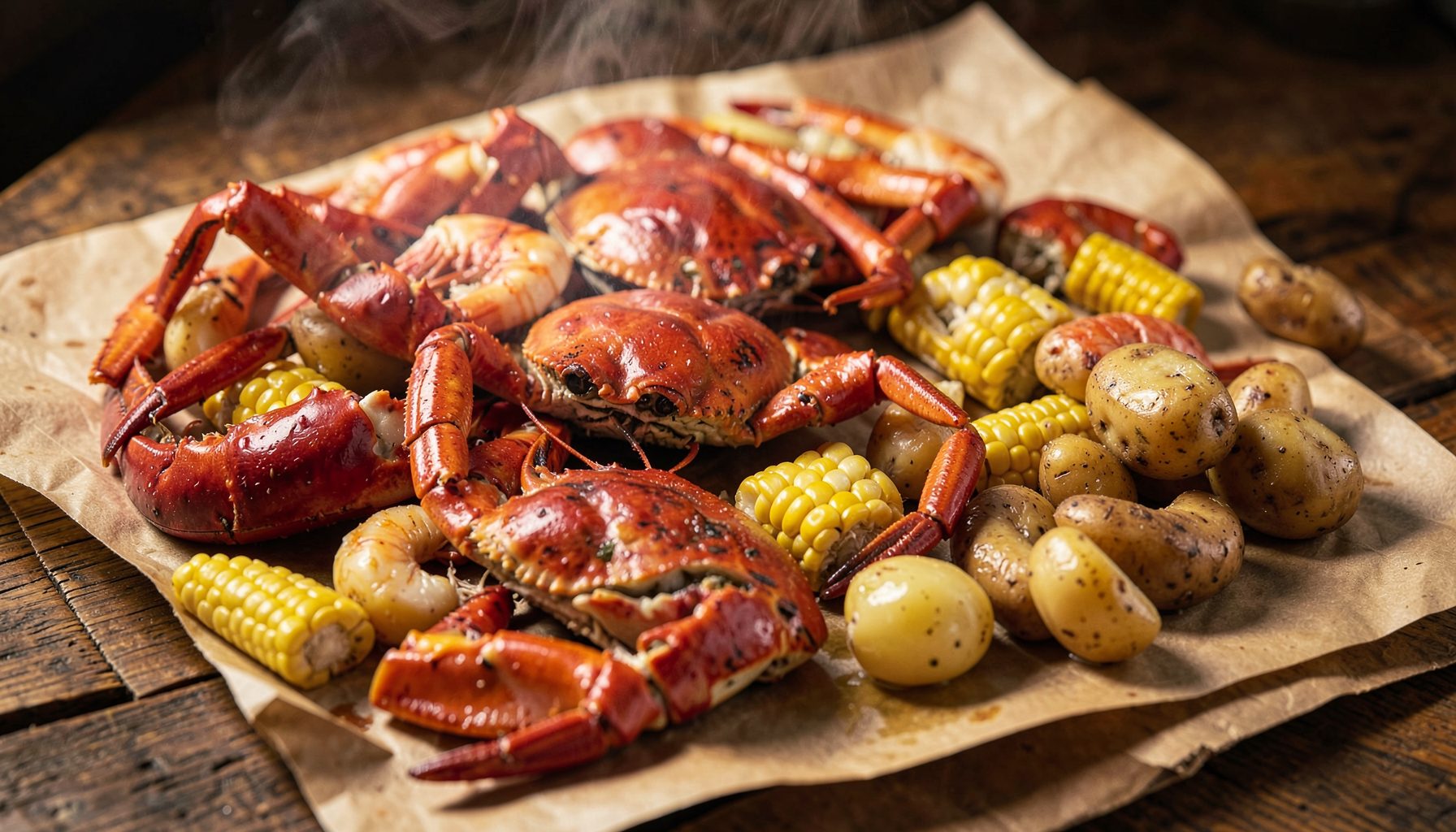 A steaming seafood boil spread across butcher paper on a wooden table, with crab legs, shrimp, corn, and potatoes glistening under warm ambient light — deep reds, golden yellows, and creamy whites.