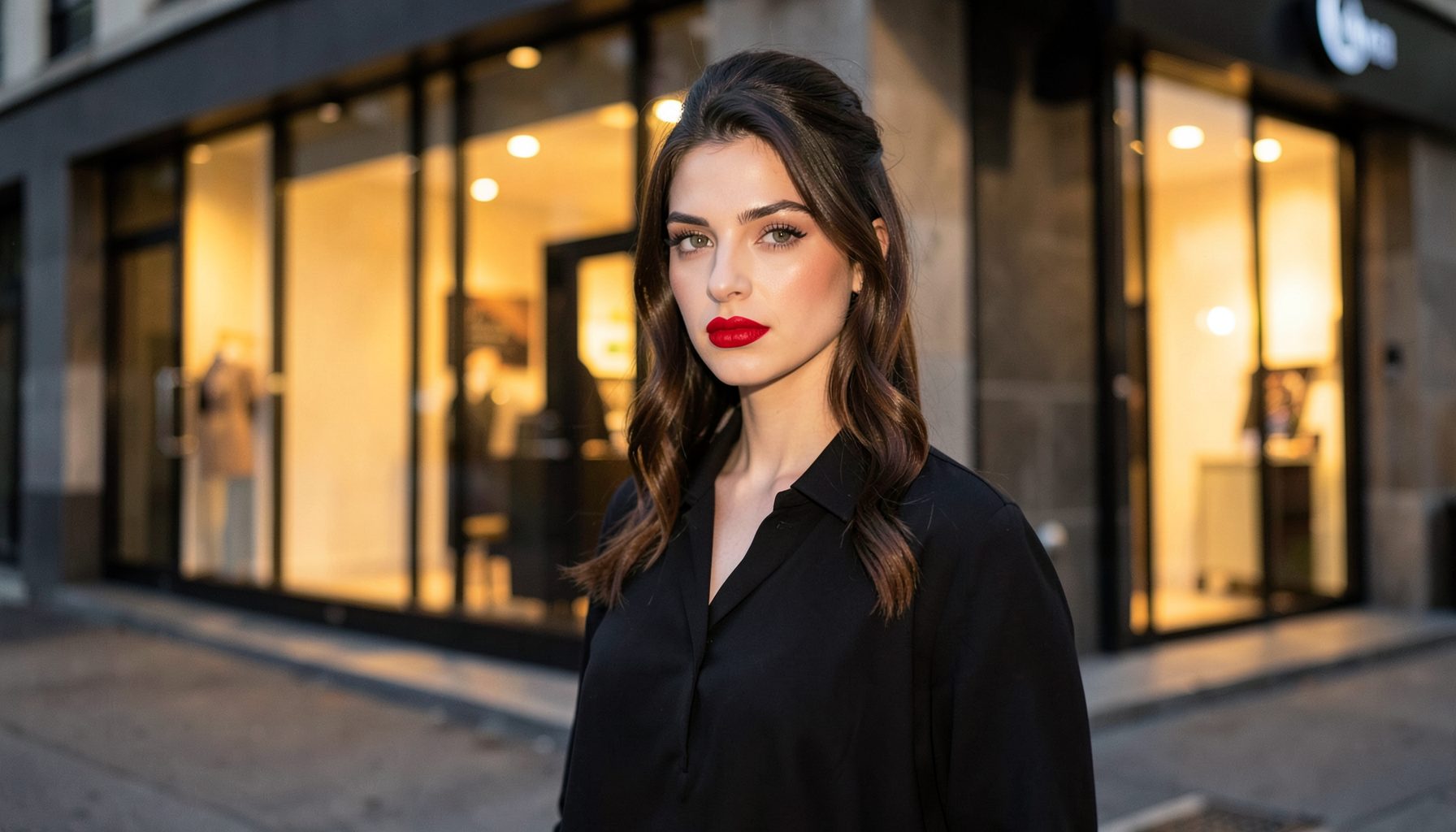 A stylish woman with a bold red lip, standing in front of a modern storefront with warm evening light.