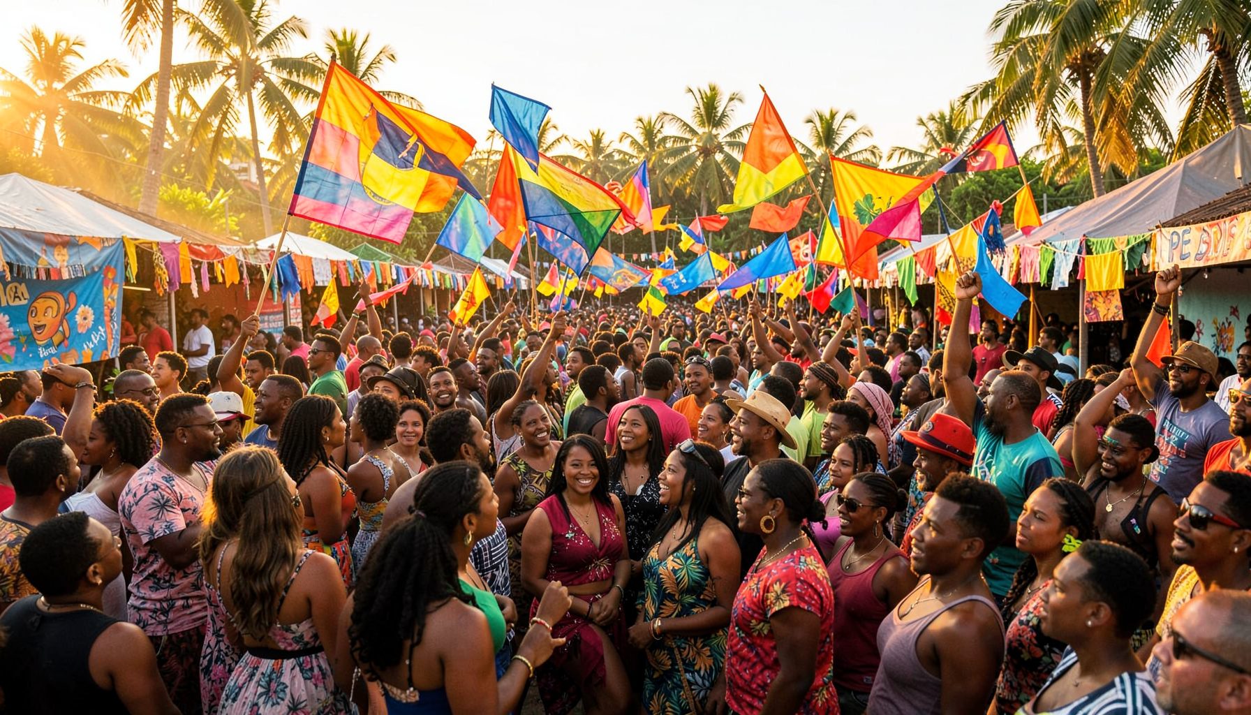 A vibrant Caribbean cultural event with colorful banners, warm golden sunlight, and a lively crowd