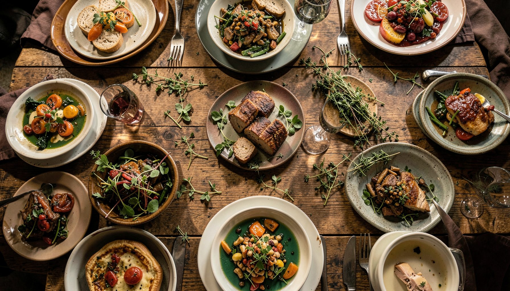A warm overhead shot of a rustic communal dining table with colorful plated dishes, fresh herbs scattered across the surface, and soft natural light casting gentle shadows — rich earth tones, deep greens, and warm amber hues.