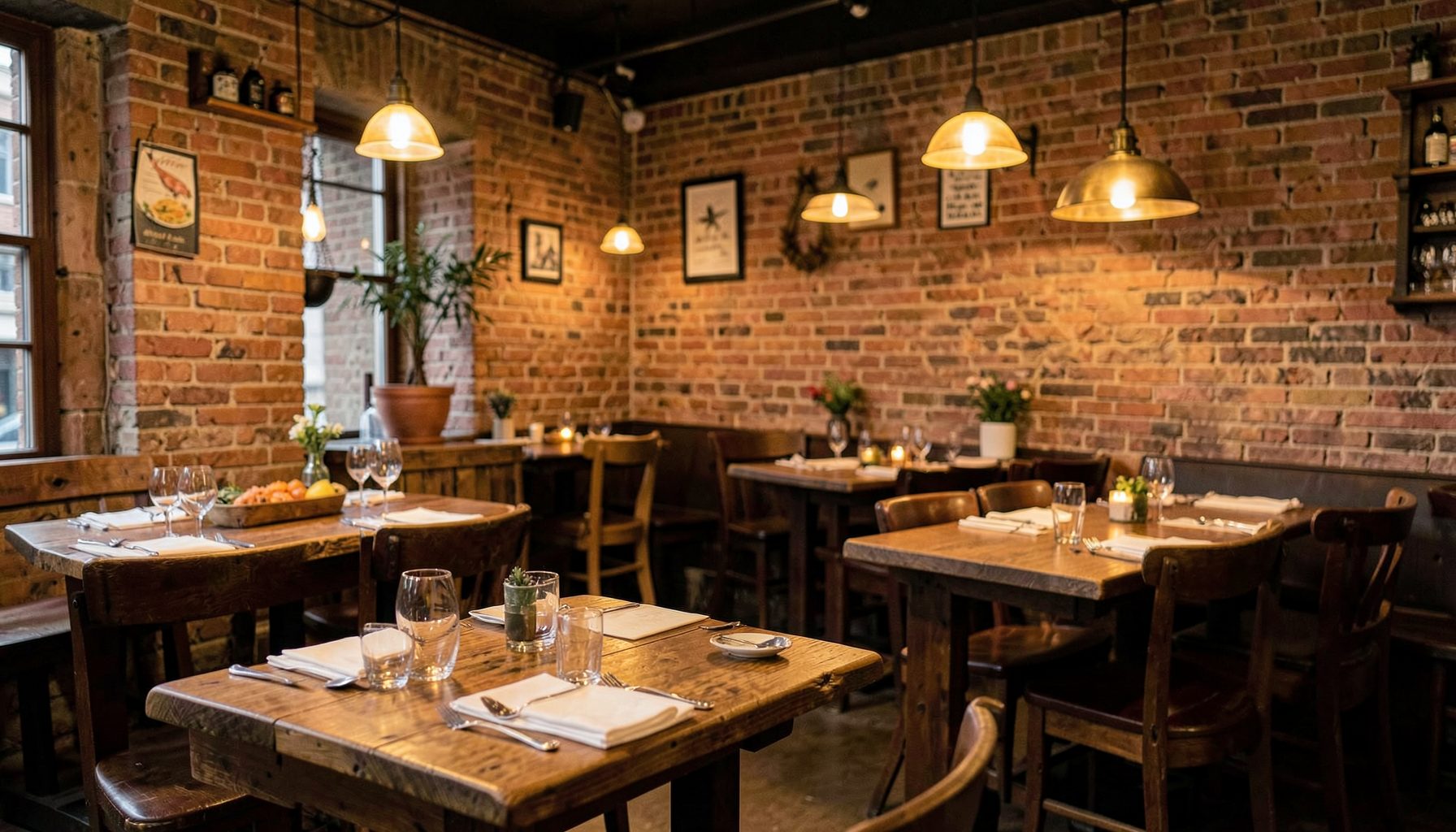 A warmly lit seafood restaurant interior with rustic wooden tables, exposed brick walls, and soft amber pendant lighting creating an inviting atmosphere