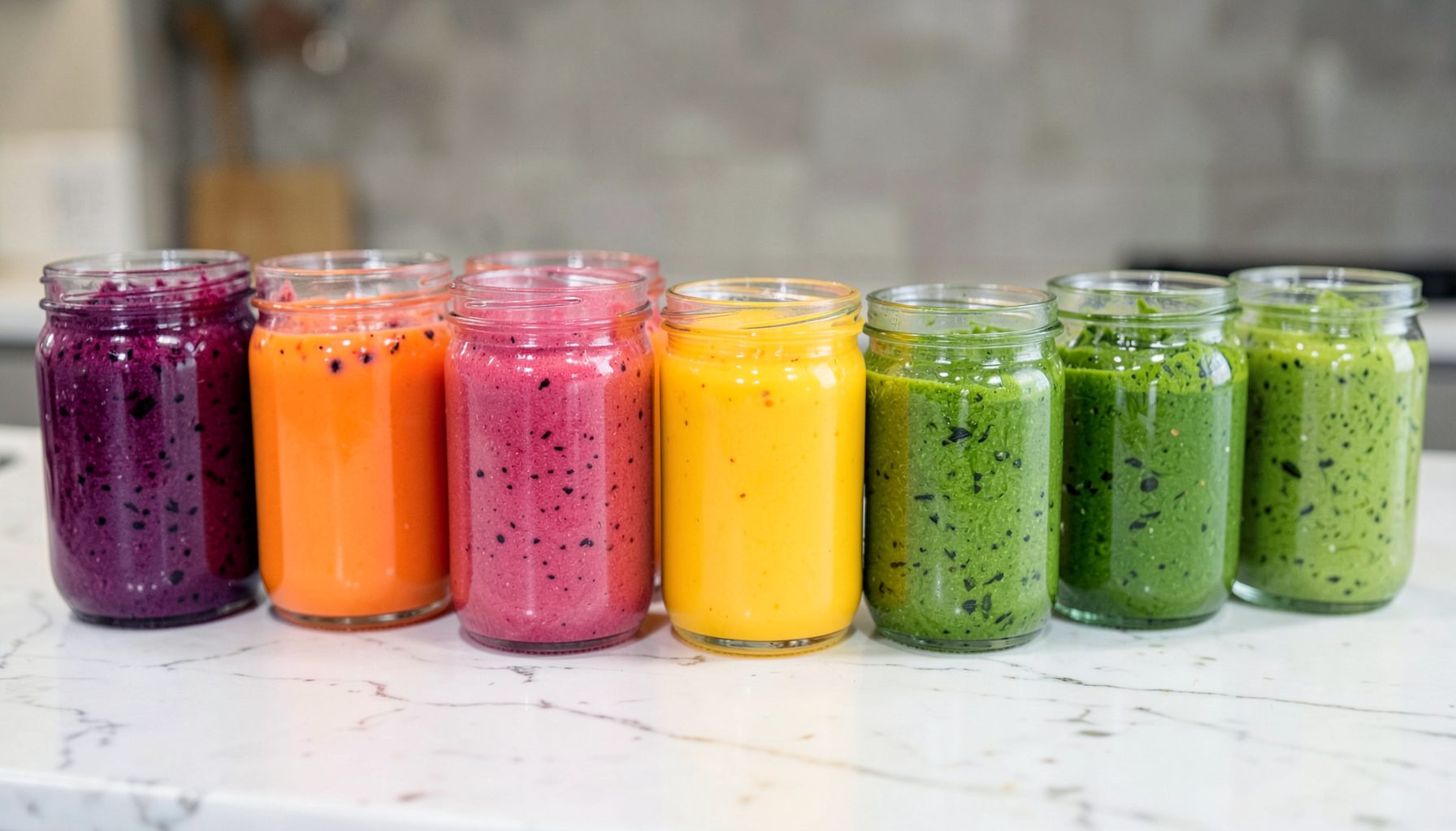 An array of glass jars filled with colorful smoothie layers — deep berry purples, mango oranges, and spinach greens — lined up on a marble countertop.