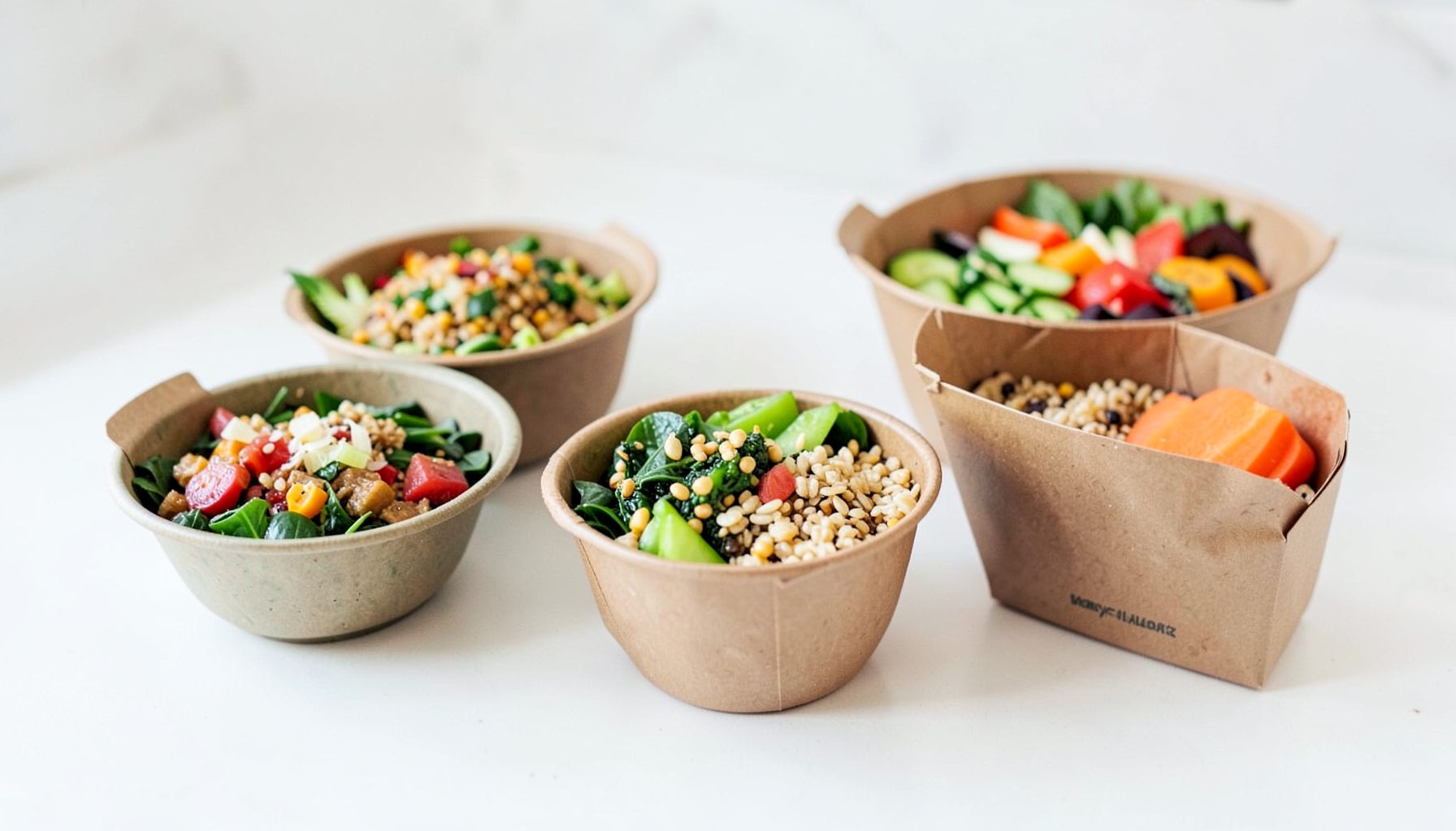 Colorful plant-based meal bowls arranged on a clean white countertop, featuring vibrant greens, grains, and fresh vegetables in compostable packaging