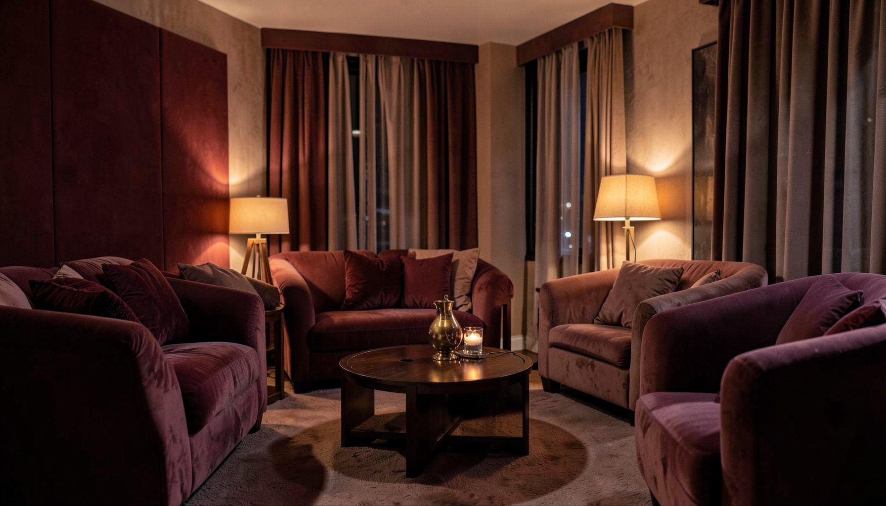 Warm, softly lit lounge interior with deep burgundy and blush tones, plush seating, and an inviting atmosphere that feels intimate and empowering.